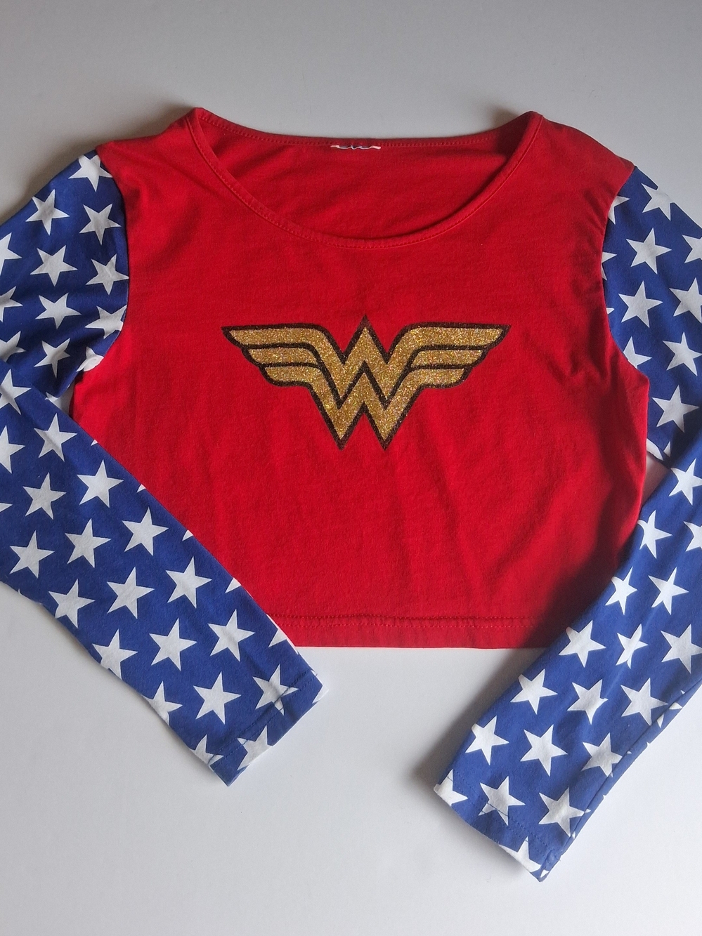 DC Comics Wonder Women Crop Top with Blue Star Sleeves Casual Costume Halloween